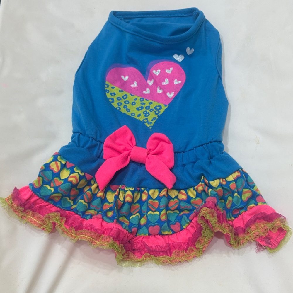 Blue Heart Ruffle Dog Dress with Pink Bow